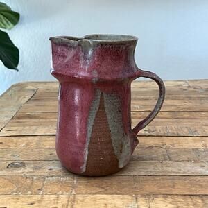 Studio Art Pottery Stoneware Pitcher 7.5" Light Red & Gray Drip Glaze Finesilver